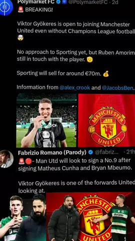 🚨 𝗕𝗥𝗘𝗔𝗞𝗜𝗡𝗚: Viktor Gyökeres would like to join Manchester United even without Champions League football.#manchesterunited  Ruben Amorim is in contact with the player and his price tag will be around €70M.