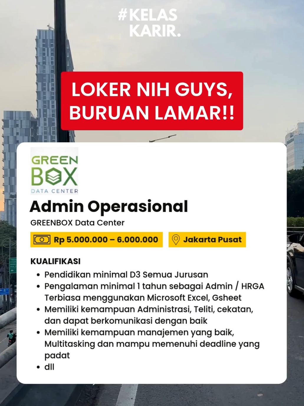 Info #lowongankerja nih gaes dari GREENBOX Data Center Posisi: Admin Operasional Pengalaman minimal 1 tahun sebagai Admin / HRGA Terbiasa menggunakan Microsoft Excel, Gsheet  Memiliki kemampuan Administrasi, Teliti, cekatan, dan dapat berkomunikasi dengan baik *Hanya kandidat yang sesuai dengan kualifikasi yang akan dihubungi dan diproses. . *Proses rekrutmen tidak pernah memungut biaya apapun. #lokerterpercaya #kelaskaririndonesia #lokerterbaru #infoloker #lokerjabodetabek #lokerjakarta 