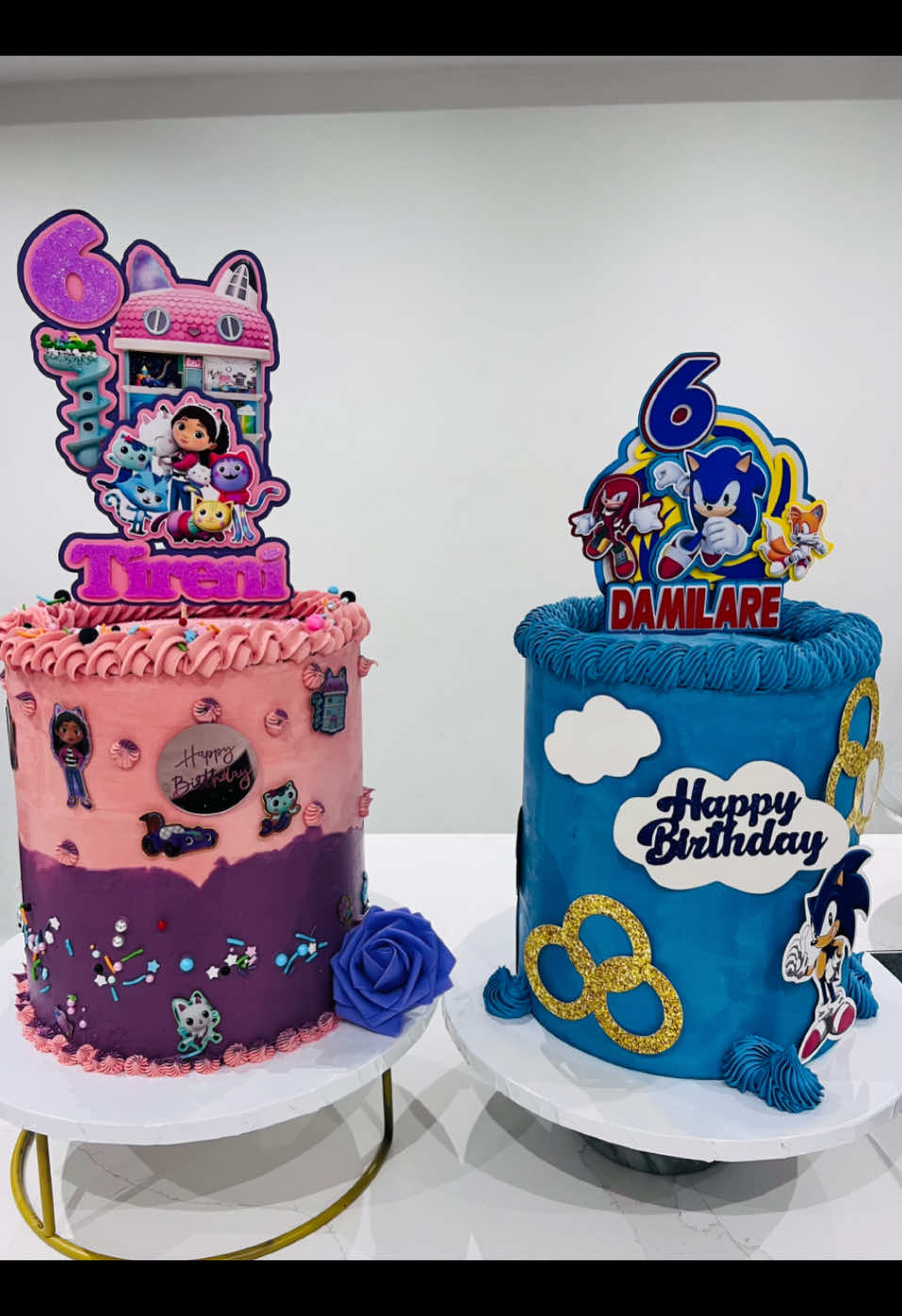 Double the fun, double the cake! 💖💙 Tireni & Damilare turned 6 in style — Gabby’s Dollhouse magic for the princess and Sonic speed for the little hero! 🐱✨🦔⚡ #TwinBirthday #6 #Double #fyp #cake 
