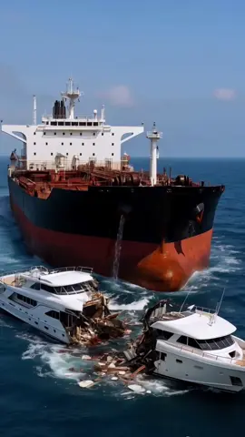 In the open sea, a tanker accidentally rammed into a yacht, splitting it clean in two. The scene looked straight out of a movie — debris, splashes, chaos. Somehow, the yacht is still afloat, while the massive tanker shows no damage at all. Thankfully, everyone made it out safely. #crash #crashed #damage #ai #news #sea #ocean #collapse #ship #boat #yacht 