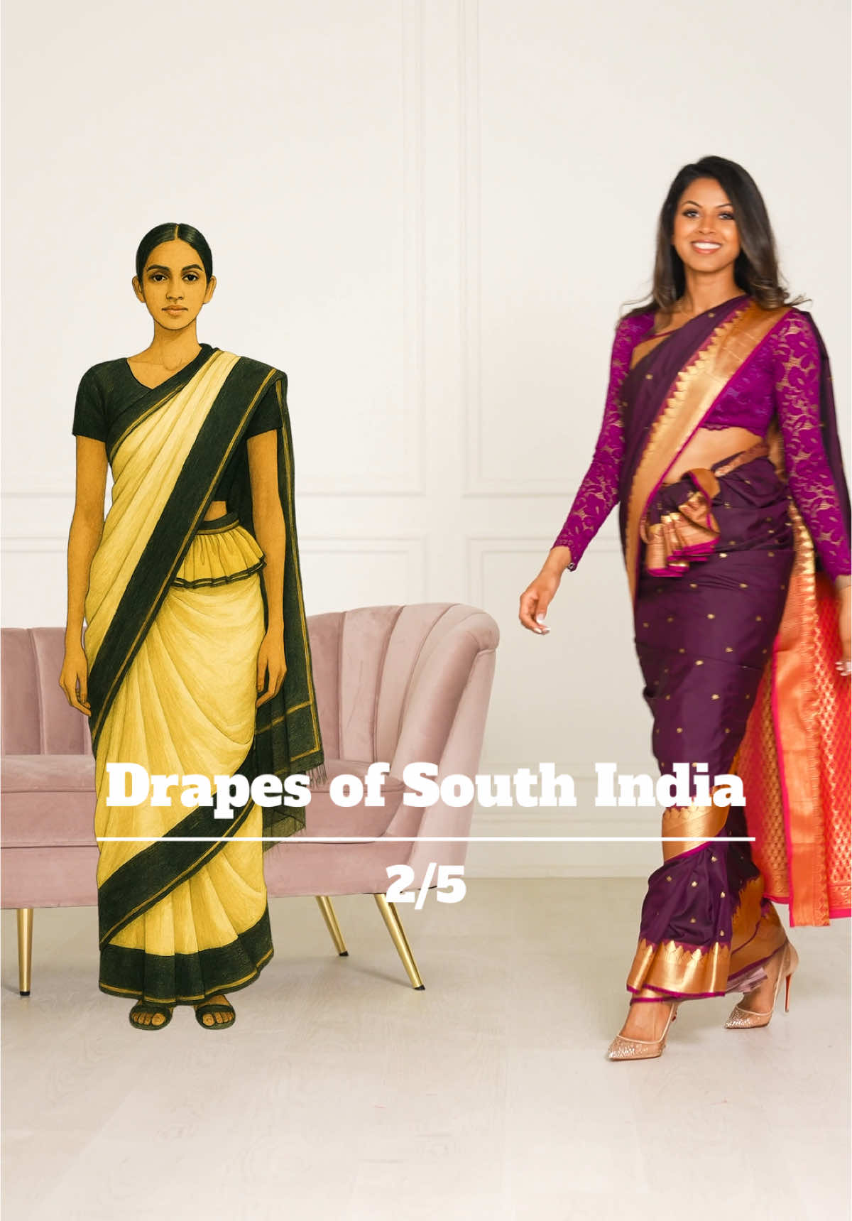 The Mohiniattam saree drape comes from Kerala and was traditionally worn by female dancers performing the classical dance form of the same name. This drape was used before the stitched and pre-pleated costume of today became common in performances. It features: • Pleated frills at the waist • The pallu is brought over the left shoulder and often draped in a semi-circular shape at the back, allowing fluid motion Typically worn with a fitted blouse and a matching underskirt, the drape was completed with traditional temple jewelry and fresh flowers in the hair.  #desistyle #silksaree #sareedraping #mohiniyattam #kerala #southindian #sareelove 