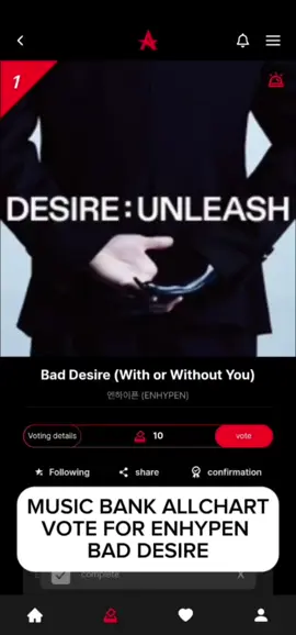 MUSIC BANK ALLCHART FOR ENHYPEN BAD DESIRE ENHYPEN is nominated for Music Bank pre-voting! We need to make sure they win at rank #1 🔗:https://koreaallchart.com/audition/325/9481 🗓: Voting ends on June 11 at 11AM KST How to vote? 1. Register your account and earn hearts thru (Youtube Ads, GPA Korea, Boostrep, and Naver mission) 2. Go to Music Bank Pre-vote 3. Search for ENHYPEN BAD DESIRE 4. Click 