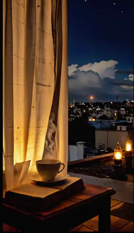 a cup of tea #cup  #tea #City #Night #Curtain #Light #Stars #Moon #clouds #saudiarabia🇸🇦 #saudiarabia #السعودية #relax #videobackground #smoke 