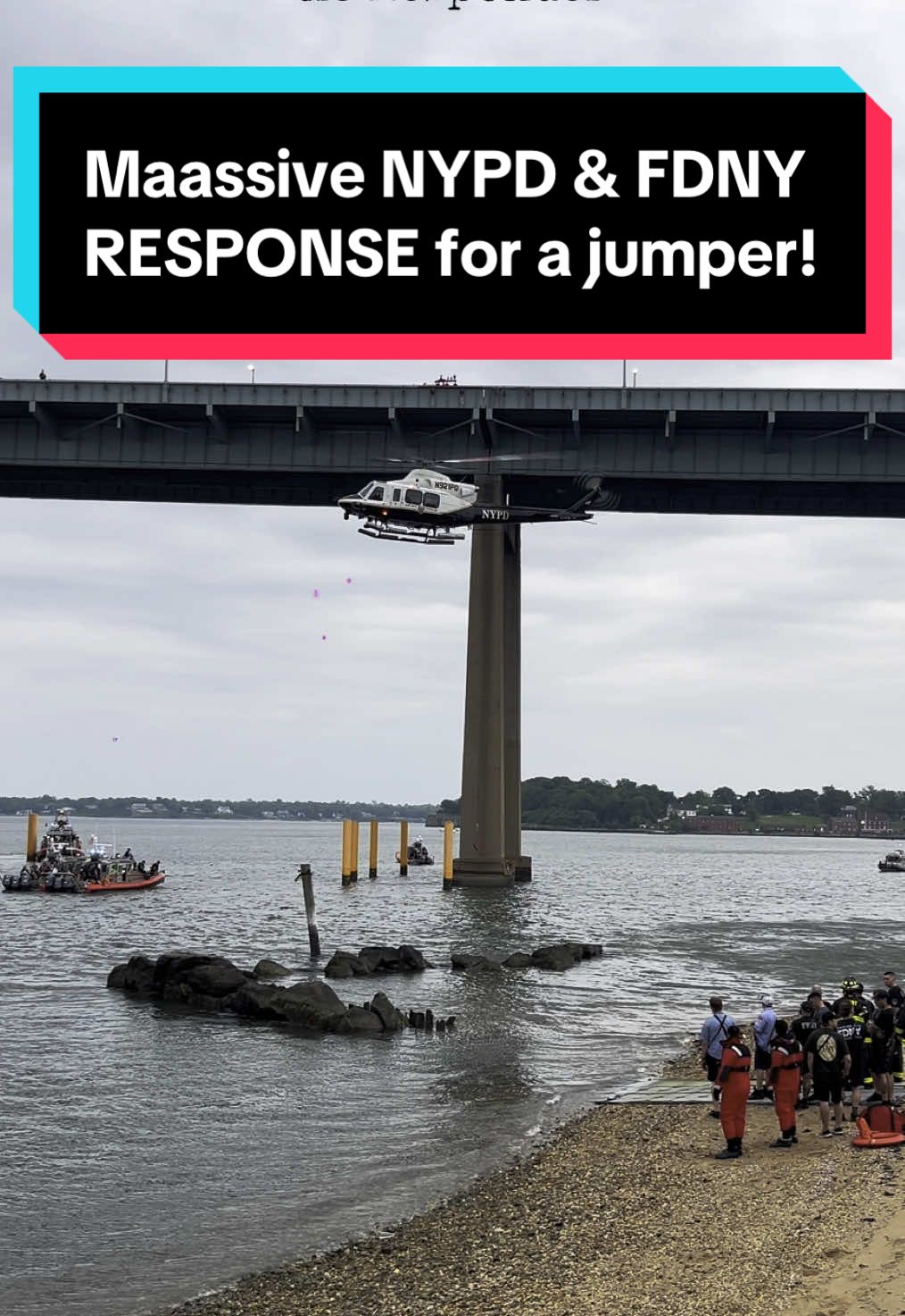 June 8th, 2025] Massive 911 response in Whitestone Queens this evening after a Civillian crashed his car on the Throggs Neck Bridge & then jumped from the bridge into the water.   FDNY along with NYPD divers did their best to search for the person who jumped but ended up with negative results on the search.  — #fdny #nyfd #activescene #whitestonequeens #nypd #police #firefighters #rescue #rescueteam #abc7ny #fyp #nbc4ny #cbs2ny #pfp #911 #emergency #divers #search ##whitestone #queens #nyc 