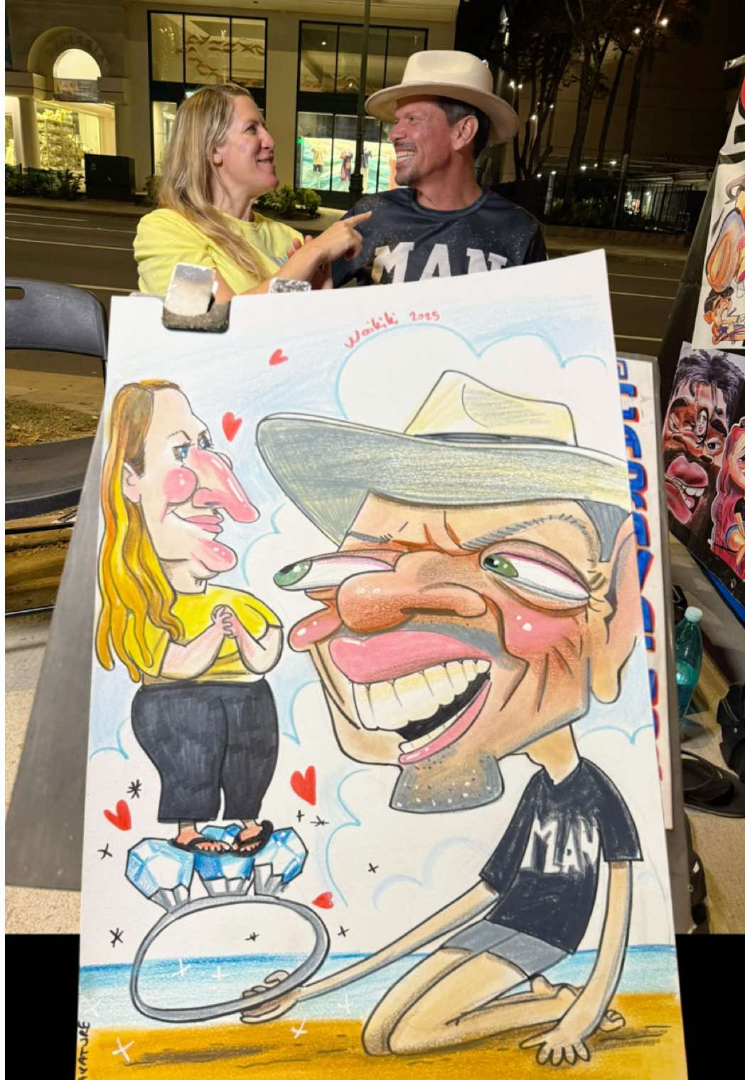 She said yes! I was so glad to draw this beautiful couple on their special day🥰🙏🌺🌼😘🌻🌸 #badcaricatures #hawaiicaricature #mean #waikikicaricatures #cartoon #laughter #waikiki #couple #humbled #caravature #fypシ #streetart #aloha #hawaii #caricature #fypage #foryou #TikTokLIVE 