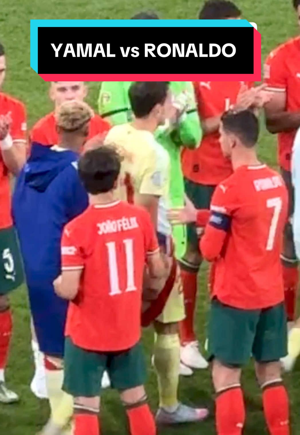 Lamine Yamal does not look at Ronaldo when shaking hands Ronaldo extends his hand to Lamine Yamal during the trophy ceremony of the UEFA Nations League final. Lamine Yamal shakes Ronaldo's hand without looking at his face. Ronaldo looks after Yamal. Portugal beat Spain on penalties to become champions. 40-year-old Ronaldo scores a goal. #Ronaldo #Lamineyamal #CristianoRonaldo #nationsleague #portugal #spain #fyp #mrbati 