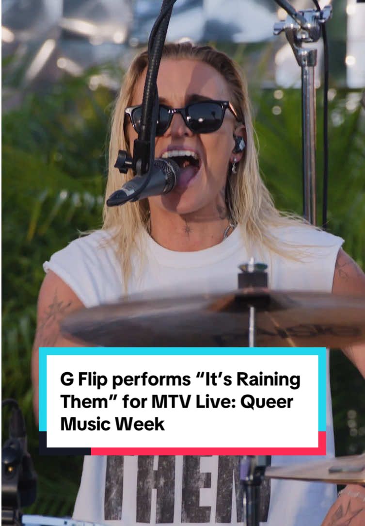 Leave that umbrella inside, ‘cause “It’s Raining Them” ☔️ @G FLIP rocked out to #TheWeatherGirls’ #Pride anthem for MTV Live: #QueerMusicWeek, with a they/them twist à la @Mila Jam!    Watch #GFlip’s FULL MTV Live: #QueerMusicWeek performance on my YouTube now 🎶