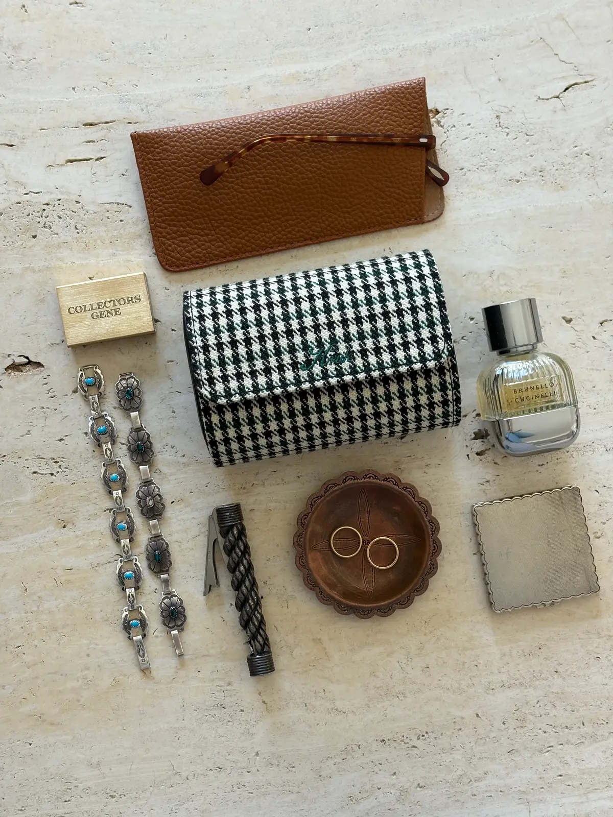 @K R U K - Pepita Watch Case @Ralph Lauren - Double RL Dish Hermes 1960’s Bottle Opener @RIMOWA - Cabin Plus Suitcase @Brunello Cucinelli - Por Homme @Oliver Peoples - Gregory Peck Sunglasses @Velasca - Loafers @ebay - Sterling engine turned compact @notanotherbill - Brass Matchbook Case @Las Ventanas al Paraiso  @Cartier - 1895 and Love Rings Spirit of the Mesa - Bracelets #ralphlauren #mensstyle #mensfashion #watchcollector #cartier #luxurytravel  #menstyle #hermes 