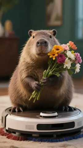 คาปิบาร่านั่งบนหุ่นยนต์ดูดฝุ่นและคาบดอกไม้ไว้ในปาก#wolink #Tuntunzai #Capybara #คาปิบารา  #loveyou  #kidstiktok  #funnytiktok  #childhood  #capybara  # 卡皮巴拉