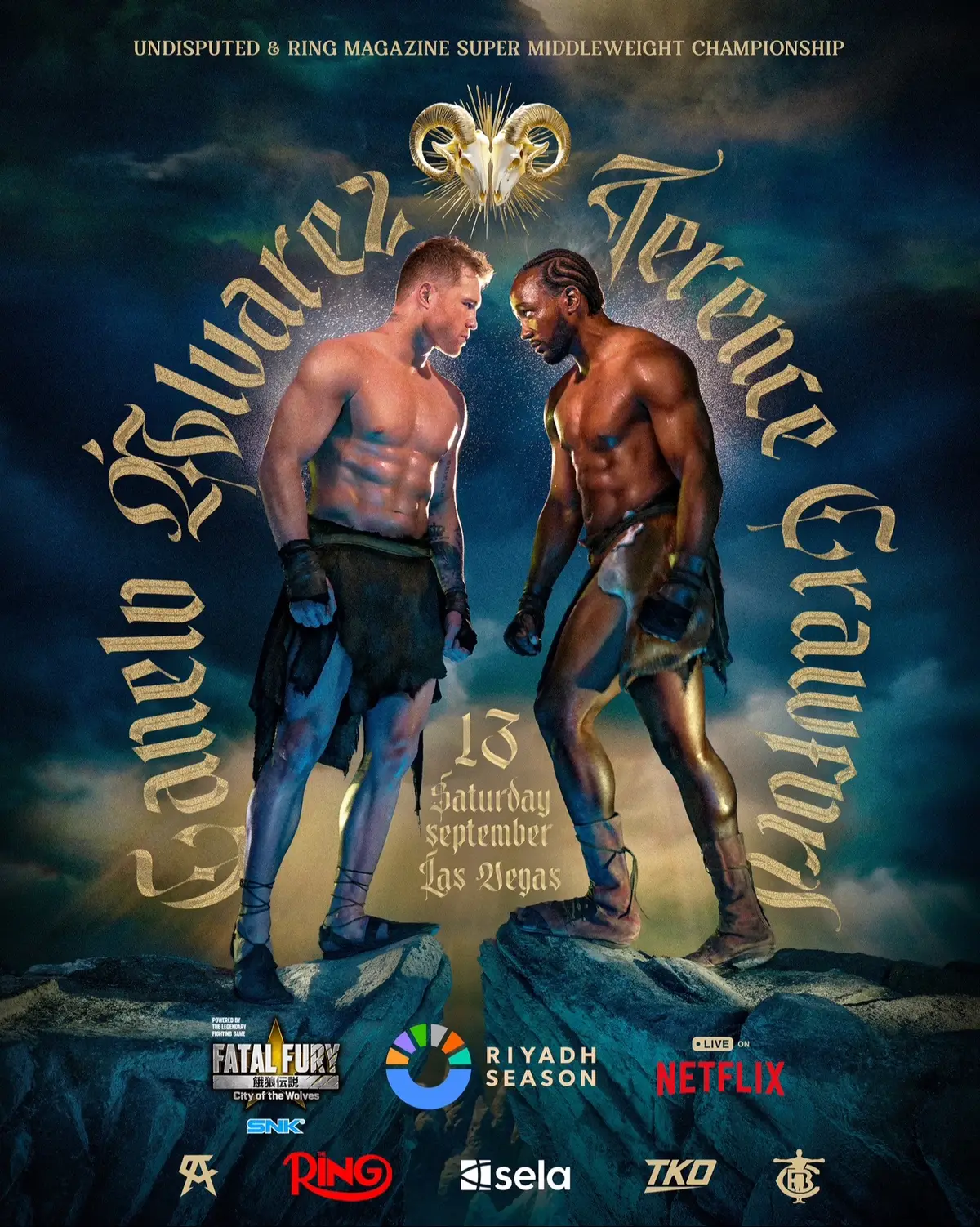 Canelo Alvarez vs. Terence Crawford for the undisputed & Ring Magazine super middleweight championship live in Las Vegas, presented by Riyadh Season and Sela 🔥 🗓️ Sept. 13 🌍 Streaming worldwide on Netflix in partnership with Riyadh Season @fatalfury_pr #CaneloCrawford #RiyadhSeasonCard