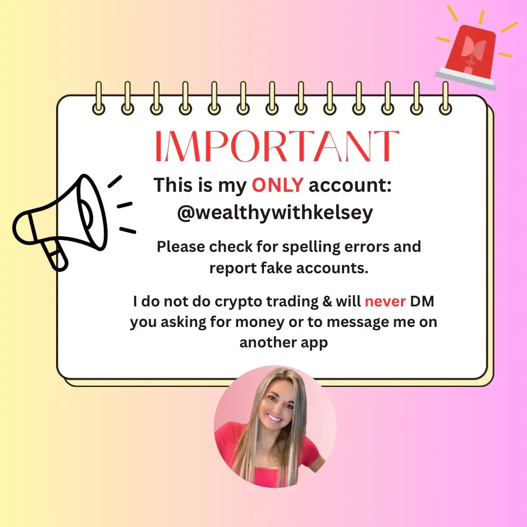 Crazy I even have to post this. I will NEVER message you first, only reply to comments to messages you send me. I’m NOT on telegram or WhatsApp. Please check spelling carefully. Mine is the same @wealthwithkelsey top & bottom.  ‼️I have seen other accounts that appear to have same handle but the small writing below the handle has a different spelling. These are NOT my accounts and are acting as me. 