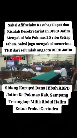BERITAKORUPSI.CO –  JPU Eddy Soedradjat, S.H dkk dari Kejari Sampang bersama Majelis Hakim Pengadilan Tipikor pada PN Surabaya yaitu I Made Yuliada, SH., MH selaku Ketua Majelis dengan dibantu dua Hakim anggota Darwin Panjaitan, SH., MH dan Agus Kasiyanto, SH., MH masing-masing sebagai Ad Hock serta Panitra Pengganti (PP), kembali menggelar sidang sidang perkara Korupsi dana hibah APBD Pemprov Jatim tahun anggaran (TA) 2020 kepada Dua Pokmas di Kabupaten Sampang yang merugikan keuangan negara sebesar Rp1.095.549.302 dengan agenda mendengarkan keterangan saksi yang dihadrikan JPU untuk Tiga Terdakwa yaitu Maryam Faizah selaku Ketua Kelompok Masyarakat (Pokmas) Dewan Daru, Siti Romzeh selaku Ketua (Pokmas) Panca Indra dan Moh. Syaifuddin, S.Kep. selaku  bendahara Kelompok Masyarakat Panca Indra (berkas perkara penuntutan dilakukan masing-masing terpisah) Saksi yang dihadirkan JPU sebanyak 6 orang yang dibagi dalam dua session. Pada sidang session pertama mendengarkan keterangan saksi sebaanyak 4 orang, dan session kedua sebanyak dua orang, salah seorang diantaranya adalah Zaenal Afif Subeki selaku Kasubbag Rapat dan Risalah Kesekretariatan DPRD Provinsi Jatim yang sudah pensiun dini tak lama setelah menjadi saksi dalam perkara Korupsi Tangkap Tangan KPK terhadap (Terpidana) Sahat Tua P. Simanjuntak selaku Wakil Ketua DPRD Jatim periode 2019 - 2024 dari Fraksi Golkar. Pada sidang session pertama terungkap dari keterangan saksi, bahwa dana hibah yang bersumber dari APBD Pemerintah Provinsi Jawa Timur yang mengalir ke Pokmas Dewan Daru daan Pokmas Panca Indra adalah dana pokir Abdul Halim selaku anggota DPRD Jawa Timur yang juga Ketua Fraksi Gerinda Sementara pada sidang session kedua, saksi Zaenal Afif Subeki selaku Kasubbag Rapat dan Risalah Kesekretariatan DPRD Provinsi Jatim mengatakan, bahwa semua Pokmas usulan seluruh anggota DPRD Jawa Timur melalui dirinya dan kemudian disampaikan ke OPD (Organisasu Pemerintah Daerah atau Dinas terkait) Menurut Zaenal Afif Subeki, bahwa setiap tahunnya ada sebanyak 20 ribu Pokmas yang mengusulkan dana Pokir DPRD Jatim. Dan Zaenal Afif Subeki mengakui, bahwa dirinya menerima THR (Tunjungan Hari Raya) dari sejumlah anggota DPRD Jatim yang jumlahnya antara dua juta hingga lima juta rupiah. Keterangan Zaenal Afif Subeki pada persidangan kali sepertinya tidak jujur terkait jumlah THR yang diterimanya dari sejumlah anggota DPRD. Padahal, pada sidang sebelumnya, pada saat Zaenal Afif Subeki dihadrikan sebagi saksi untuk Terdakwa (saat ini Terpidana) Sahat Tua P. Simanjuntak selaku Wakil Ketua DPRD Jatim periode 2019 - 2024 dari Fraksi Golkar mengakui menerima THR antara 2 juta hingga 100 juta rupaih, dan setiap tahunnya bisa menerima Rp300 juta “Bervariasi ada yang 5 juta, 10 juta, 15 juta dan ada juga 2 juta. Pak Kusnadi (Ketua DPRD) pernah ngasih saya THR Rp100 juta. Kalau dapat 15 juta saya ambil lima juta sisanya saya kasih ke istri. Setiap tahun bisa menerima tiga ratus juta,” jawab Zaenal Afif Subeki menjawab pertanyaan JPU KPK maupun Majelis Hakim Bahkan kepada JPU KPK maupun Majelis Hakim, Zaenal Afif Subeki mengakui bahwa uang sebesar Rp1,4 miliar yang disita KPK dari rumahnya adalah THR-THR dari sejumlah anggota DPRD Jatim. Ketidak jujuran Zaenal Afif Subeki dalam persidangan kali ini, mungkin dianggap sebagai salah satu cabang “olahraga mulut” untuk membela atau menutupi sesuatu agar tidak terungkap apa, siapa, kapan, mengapa dan bagaiamana kasus tersebut terjadi Namun Zaenal Afif Subeki bernasib mujur atau bernasib baik, sebab hingga saat ini, Zaenal Afif Subeki tidak dijadikan sebagai Tersangka bersama Ketua dan 2 Wakil Ketua DPRD Jawa Timur dalam kasus dugaan Korupsi dana hibah Pikir DPRD Jatim TA 2920 - 2924 atau APBD TA 2019 - 2023. (Sit) #danapokir  #dprdjatim  #pokir  #pokmas  #sampang  #jawatimur #jpu #kejari #kejati #kejagung #kejagungri  #viral  #news  #fyp  #fypage  #fyppppppppppppppppppppppp 