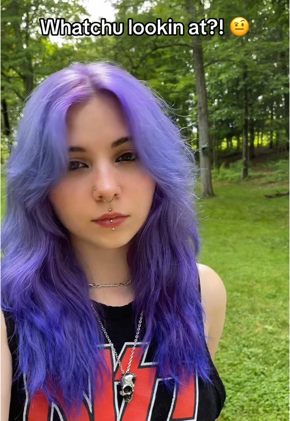 Oops, almost dropped ya again 🤭 • #skullnecklace #altstyle #altjewelry #alternativegirl #purplehair #lipsync  