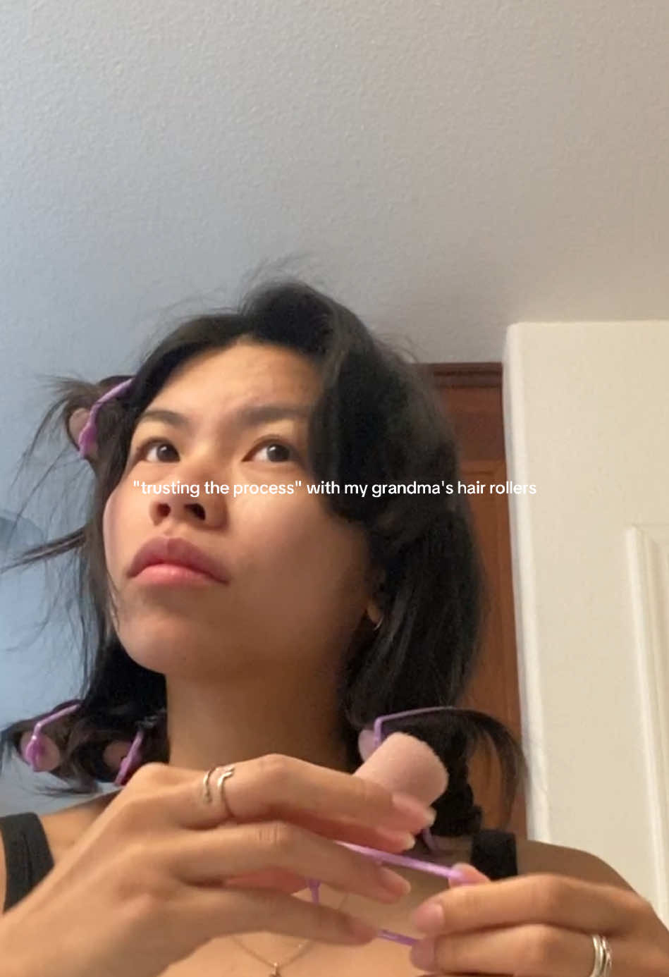 I'm testing different ways to style my hair so it doesn't look so flat!!! #1 Hair rollers - 7/10 I think I did the hair rollers too tight and too high to my head. Going to try again but lower. If anyone has tips how to style straight asian hair hair pls let me know :) #hair #hairrollers #hairstyle #hairstyletutorial 
