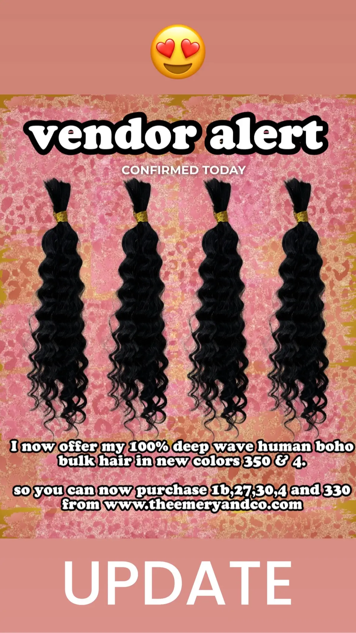 Just a new update for you all ! Confirmed by my vendor today  New Color alert: 330 & 4 :) So I now offer altogether: 1b, 27, 30, 4 and 330 for deep wave human boho bulk hair  Www.theemeryandco.com TELL A FRIEND ✨✨ #bohohair #bohobraids #fyp