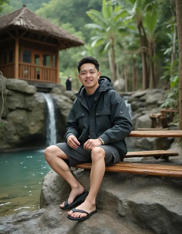 Niis heula barudak,. tiis cepil herang soca ieu mah aslina.. (TERJEMAHAN) : Dingin dan Sepi PROMPT : wearing a thick windbreaker, cargo shorts and sandals. sitting in a quiet riverside cafe with wooden benches and tables that are partly in the shallow water flow. A small natural waterfall flows beside the rock wall, surrounded by green tropical plants and banana trees. A traditional bamboo gazebo with a thatched roof stands on a terrace higher than the river. The location is in a beautiful mountain village with a calm and comfortable natural atmosphere, enjoying the freshness of the water by dipping your feet in the river flow. #aiphotography #aiphoto #editphoto #AI #kceut #photolab #prompt #promptAI #tutorial #trompetsunda #sunda #kampung #desa #lembur 