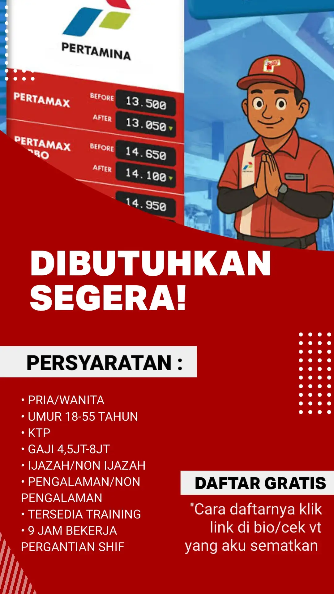 PERSYARATAN : • PRIA/WANITA  • UMUR 18-55 TAHUN • KTP • GAJI 4,5JT-8JT • IJAZAH/NON IJAZAH • PENGALAMAN/NON PENGALAMAN • TERSEDIA TRAINING • 9 JAM BEKERJA PERGANTIAN SHIF #infoloker2025 #infoloker #lowongankerja #lokerterbaru #loker #info #foryoupage #foryou #fypシ゚ #fyp #daftar #sekarang #4u #4upageシ #viral #pertamina #lowonganpertamina #pertaminaindonesia #lokerpertamina #spbu #spbupertamina #kerja #lowongankerja2025 #fyppppppppppppppppppppppp #velocity 
