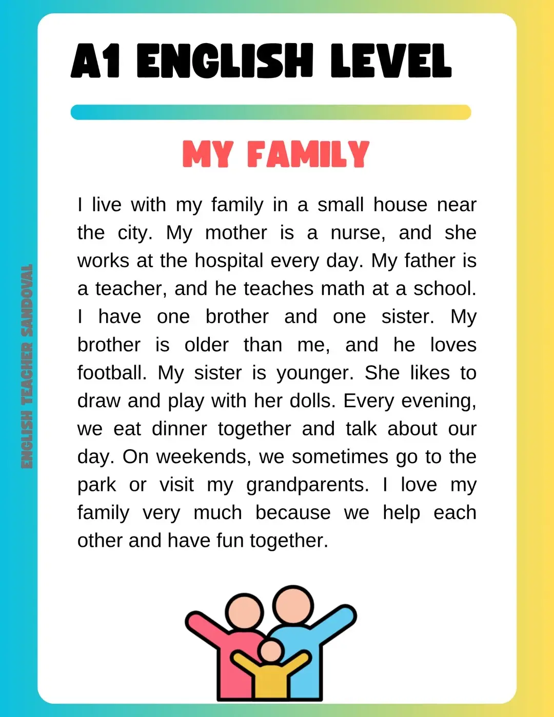 If you’re able to understand all of these short readings, it is very likely you have mastered A1 English level. Practice answering any of the following questions: What is your family like? What do you do for a living? What’s your favorite food? Where do you live? What is your house like? Do you have a best friend? Where did you go on your last trip? Do you attend school? What do you like to do on weekends? Do you have a pet? #a1english #englishlevel #a1 #aprendiendoingles #learningenglish #inglesfacil #englisheasy #esl