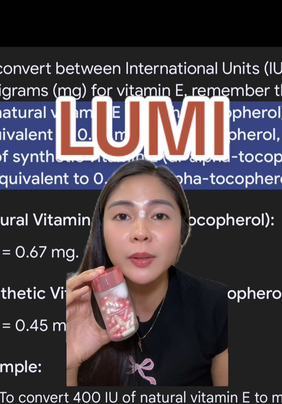 Isa sa active ingredient ng LUMI ay ang Vitamin E 400 IU , kaya ganito ko eto iniinom 💊 #kabotika #lumi #lumiglutathione #healthtok @Leo Ortiz 