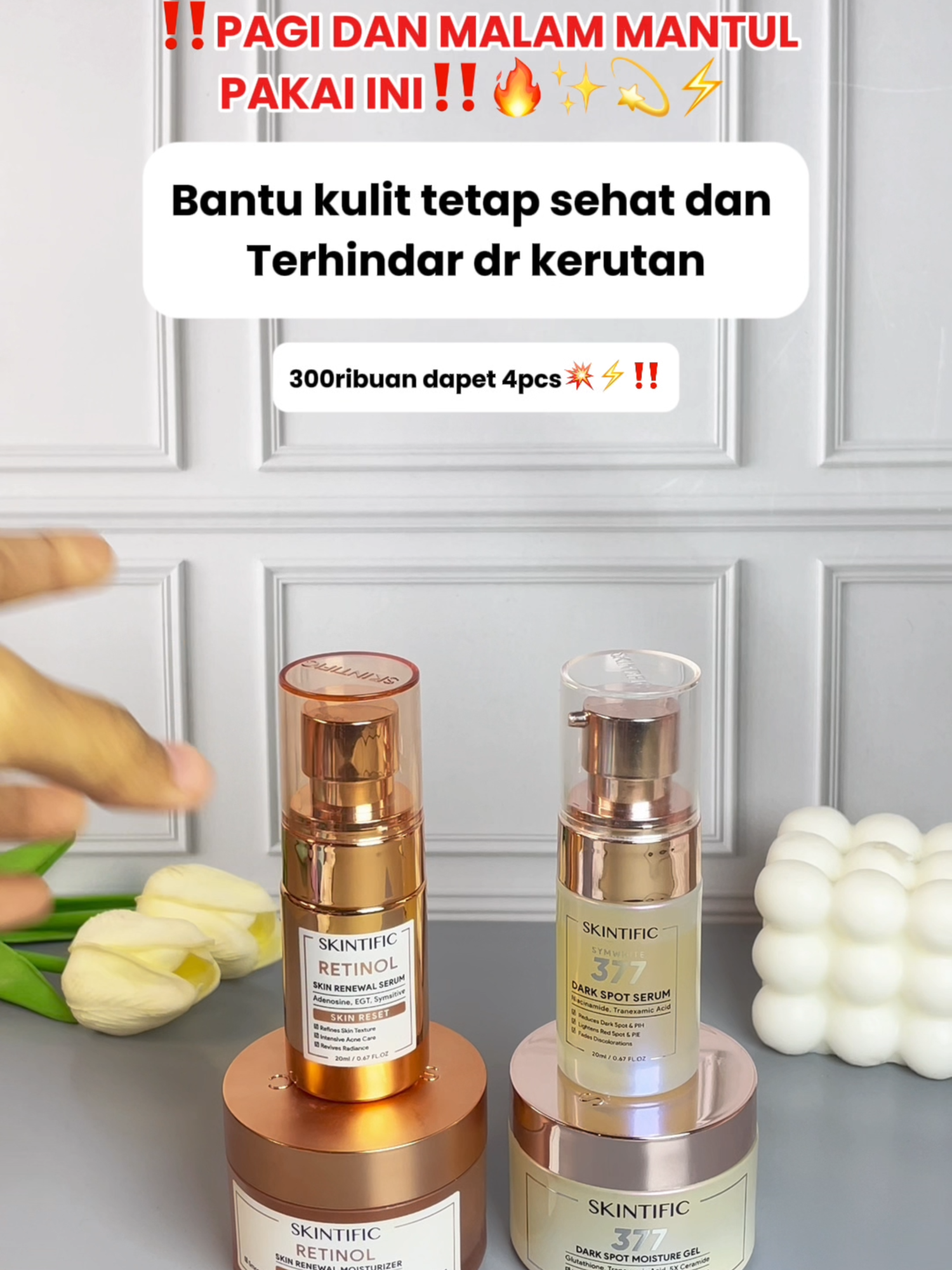 pagi dan malam tetap bisa skincarean dan kulit tetap sehat karena 4 mantul ini! #skintific #skintificid #peelingserum #peeling #serum #retinolset #retinolskincare #retinolviral #panthenol #panthenolcleanser #facialwash #peptide #lipsserum #symwhite #symwhite377darkspot #brighteningset #sunscreen #5xceramide #peelingset #retinol