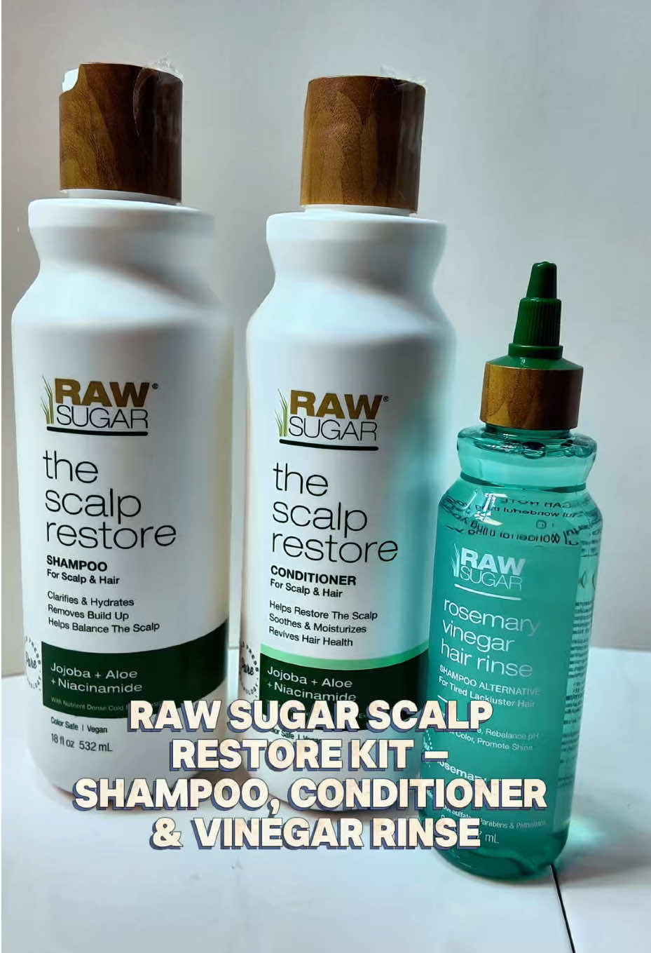 Raw Sugar Scalp Restore Kit – Shampoo, Conditioner & Vinegar Rinse This clean, cold-pressed 3-step set helps balance your scalp, remove buildup, and hydrate without stripping your hair. Perfect for itchy, flaky, or product-heavy scalps 