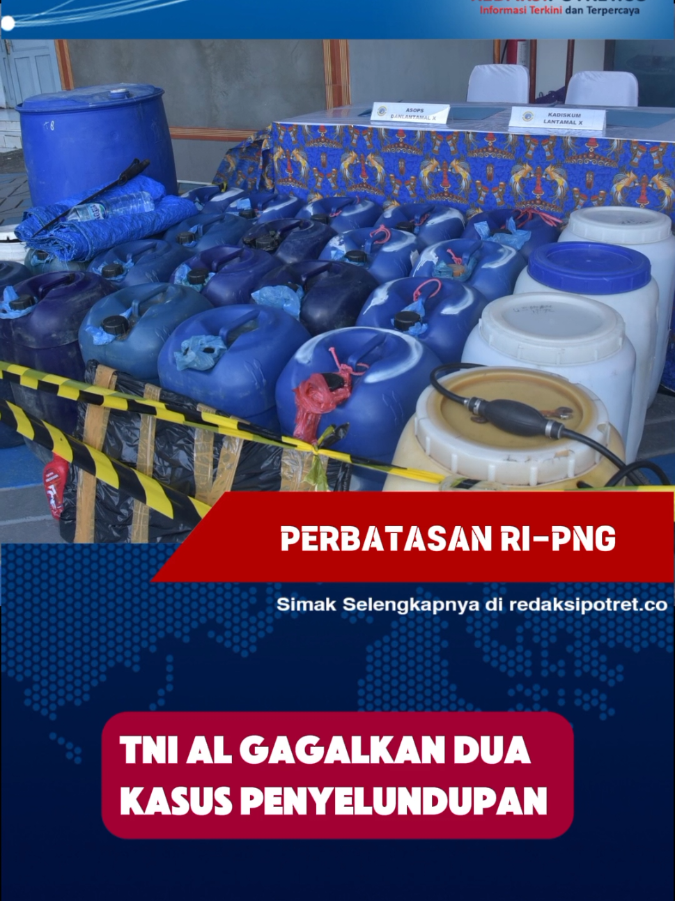 JAYAPURA, Redaksipotret.co – Pangkalan Utama TNI AL (Lantamal) X Jayapura berhasil menggagalkan dua upaya penyelundupan lintas batas negara dalam Operasi Penegakan Hukum Laut (Ops Gakkumla)-25. Hasil operasi ini disampaikan dalam konferensi pers yang digelar pada Rabu (11/6/2025) di Kantor Satrol Lantamal X, Kota Jayapura, Papua. Komandan Satuan Kapal Patroli (Dansatrol) Lantamal X, Kolonel Laut (P) Dedy Obet, mewakili Komandan Lantamal X, Brigjen TNI (Mar) Freddy Jhon H. Pardosi menjelaskan, dalam operasi tersebut, tim patroli Lantamal X menggagalkan penyelundupan bahan bakar jenis Pertalite sebanyak 800 liter dari Indonesia ke Papua Nugini (PNG), serta penyelundupan hasil laut bernilai ekonomi tinggi dari PNG ke Indonesia, berupa sirip hiu seberat 35,8 Kilogram (Kg), gelembung ikan 1,5 kg, dan teripang 2 kg. #jangkauanluas 