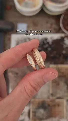 His & Hers 🤍 I loved working with this couple to create the bespoke wedding bands of their dreams. They wanted something different and were so happy with the result! Alternative engagement rings | Non traditional wedding rings | Bespoke jewellery | Custom design | Sustainable | Erhical | Australian jeweller