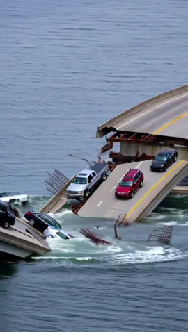 After the bridge connecting the two peninsulas collapsed, the supports failed, and part of the structure began to sink under water along with the stranded cars. Thankfully, people were evacuated in time - there were no casualties #crash #crashed #damage #ai #news #sea #wave #collapse #car #bridge 