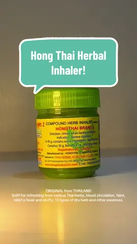 ORIGINAL from THAILAND Sniff for refreshing from various Thai herbs, blood circulation, faint, relief a fever and stuffy, 15 types of dry herb and other essences.  #hongthai #hongthaiinhaler #herbalinhaler #thaiinhaler #thaiherbs #hongthaiherbinhaler 