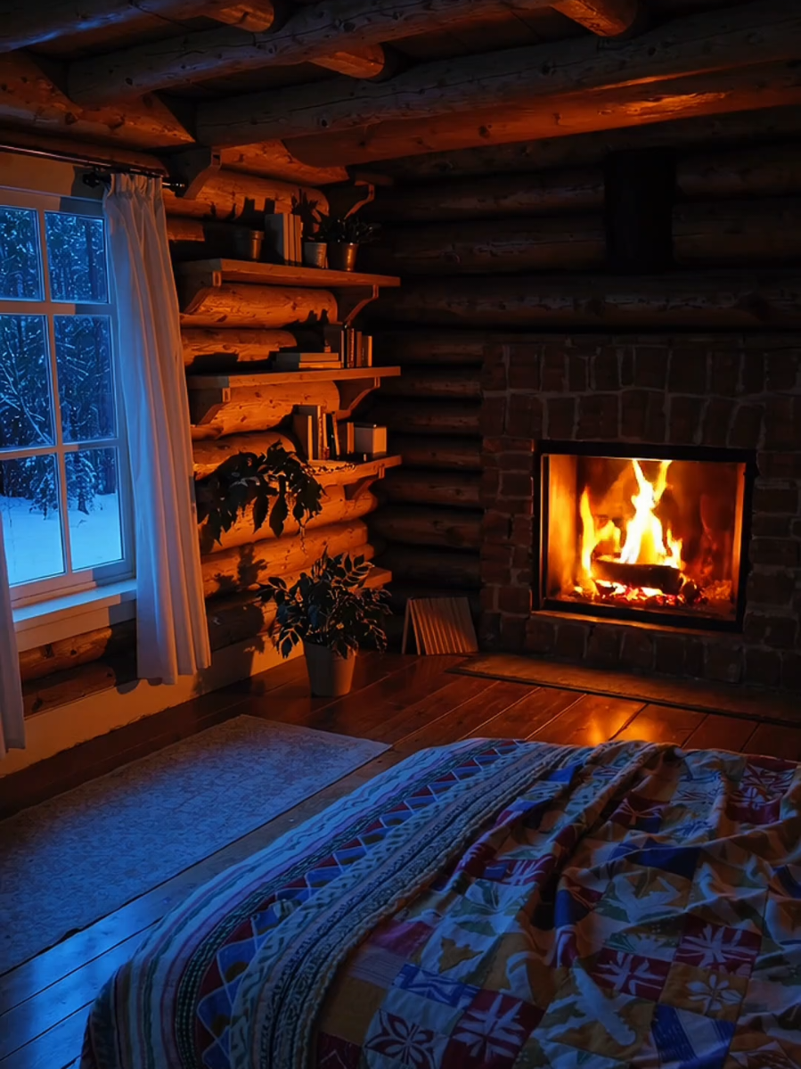 Cozy Winter Cabin Bedroom with Fireplace | Dreamy Log Cabin Ambience for Relaxation & Sleep🛖🔥🪵 #naturevibes #CalmVibes #relaxingvideos #fireplace 