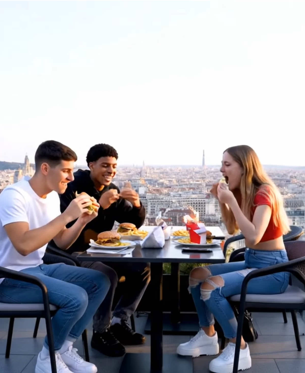 Una mujer se acerca a un grupo de amigos que está tomando una hamburguesa en la terraza de un restaurante con vistas a la ciudad de Madrid para decirles que son tan solo una creación de la inteligencia artificial.  Además responde por ellos ya que sabe lo que le tendrían que responder. La anciana que es el oráculo de este Matrix. 😂😂😂 #inteligenciaartificial #matrix #fyp #veo3 