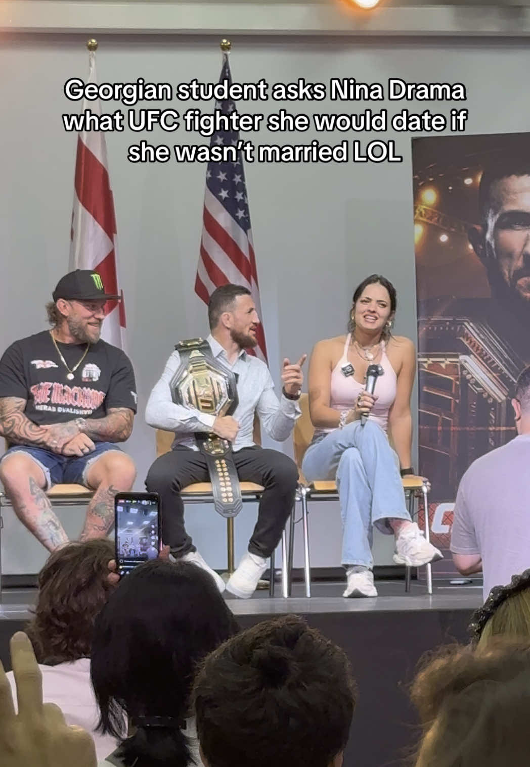 Georgian student asks Nina Drama what UFC fighter she would date if she wasn’t married during Merab Dvalishvili press run LOL #UFC #ufc316 #merabdvalishvili #ninadrama #kickboxing #boxing #muaythai #muaythaifighter #muaythaifighter #taekwondo #jiujitsu #brazilianjiujitsu #jiujitsugrappling #jiujitsulifestyle #wrestling #wrestlingtiktok #wrestlingtok #fit #Fitness #grappling #karate #boxing #judo #seanomalley 