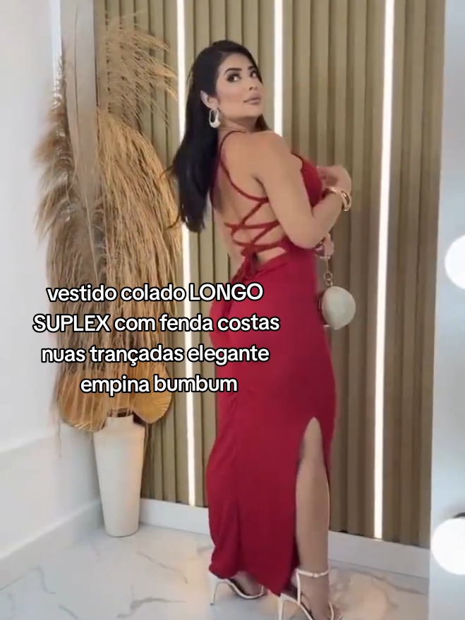 vestido colado LONGO SUPLEX com fenda costas nuas trançadas elegante empina bumbum