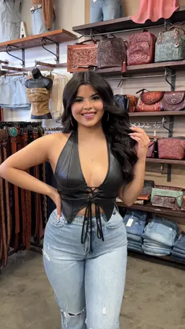Shop our popular “Traci” leather halter top 🖤 So  cute ! 😍 Now available online & in store! 🔥  #Newarrivals #outfitideas #western #boutique #fashion #trending #popular #foryou #OOTD 