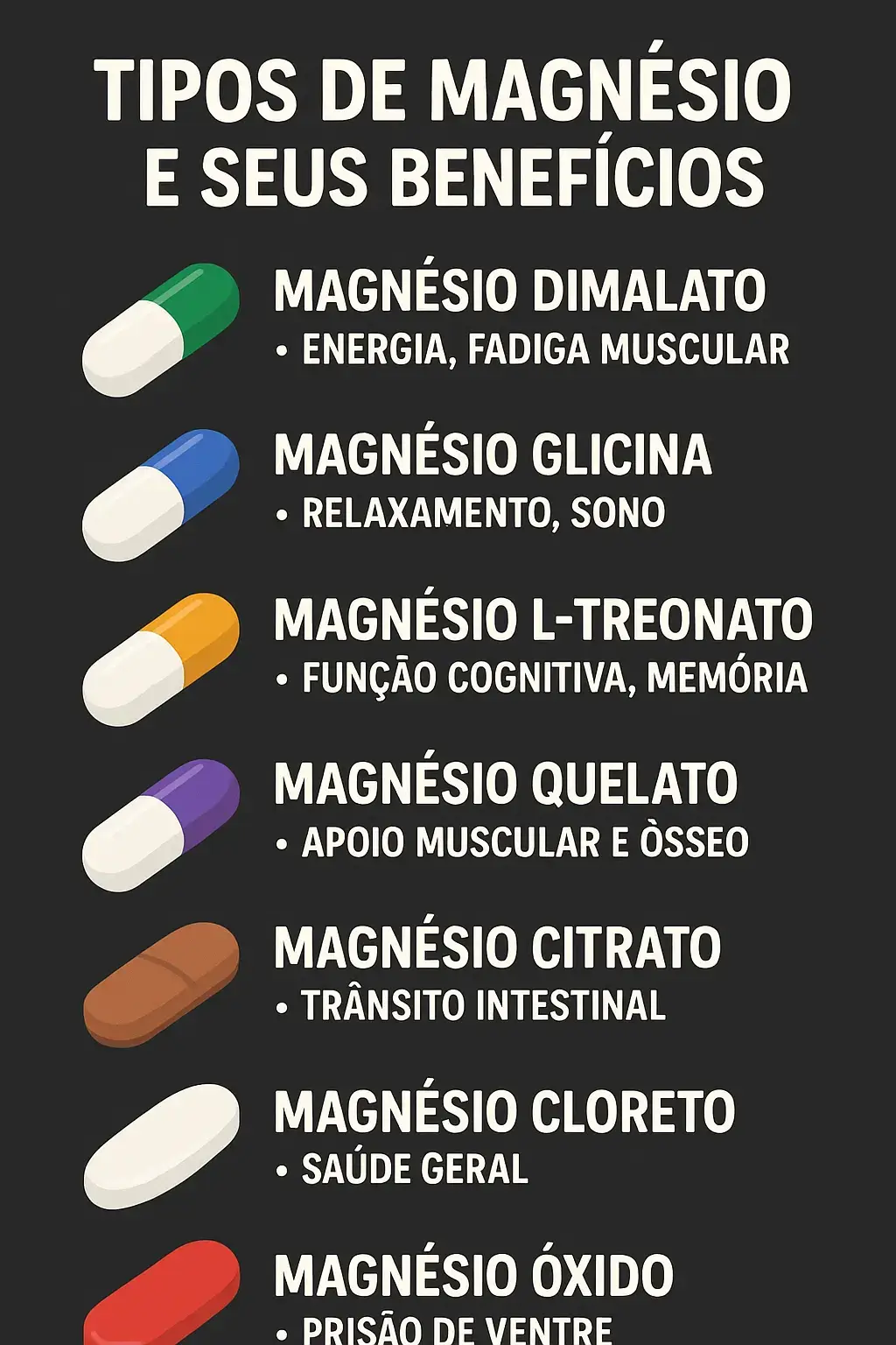 🟢 1. Magnésio Dimalato • Benefícios: Auxilia na produção de energia e reduz a fadiga muscular. • Indicação: Fadiga crônica, fibromialgia, dores musculares. • Absorção: Alta biodisponibilidade. 🔵 2. Magnésio Glicina (ou Bisglicinato de Magnésio) • Benefícios: Relaxamento, melhora do sono, redução da ansiedade. • Indicação: Estresse, insônia, TPM, ansiedade. • Absorção: Excelente absorção e suave para o estômago. 🟠 3. Magnésio L-treonato • Benefícios: Melhora da função cognitiva e da memória. • Indicação: Apoio cerebral, foco, memória, Alzheimer. • Absorção: Alta capacidade de atravessar a barreira hematoencefálica (atua diretamente no cérebro). 🟣 4. Magnésio Quelato • Benefícios: Apoio muscular, ósseo e geral. • Indicação: Atletas, cãibras, suporte diário. • Absorção: Alta, com pouca irritação gástrica. 🟤 5. Magnésio Citrato • Benefícios: Efeito laxativo leve, melhora do trânsito intestinal. • Indicação: Prisão de ventre, constipação. • Absorção: Boa, mas pode causar diarreia em doses altas. ⚪ 6. Magnésio Cloreto • Benefícios: Equilíbrio ácido-base, saúde muscular e nervosa. • Indicação: Uso geral, principalmente para pessoas mais velhas. • Absorção: Boa absorção, pode ter sabor amargo. 🔴 7. Magnésio Óxido • Benefícios: Mais barato, efeito laxativo. • Indicação: Prisão de ventre. • Absorção: Baixa; usado principalmente para tratar constipação.