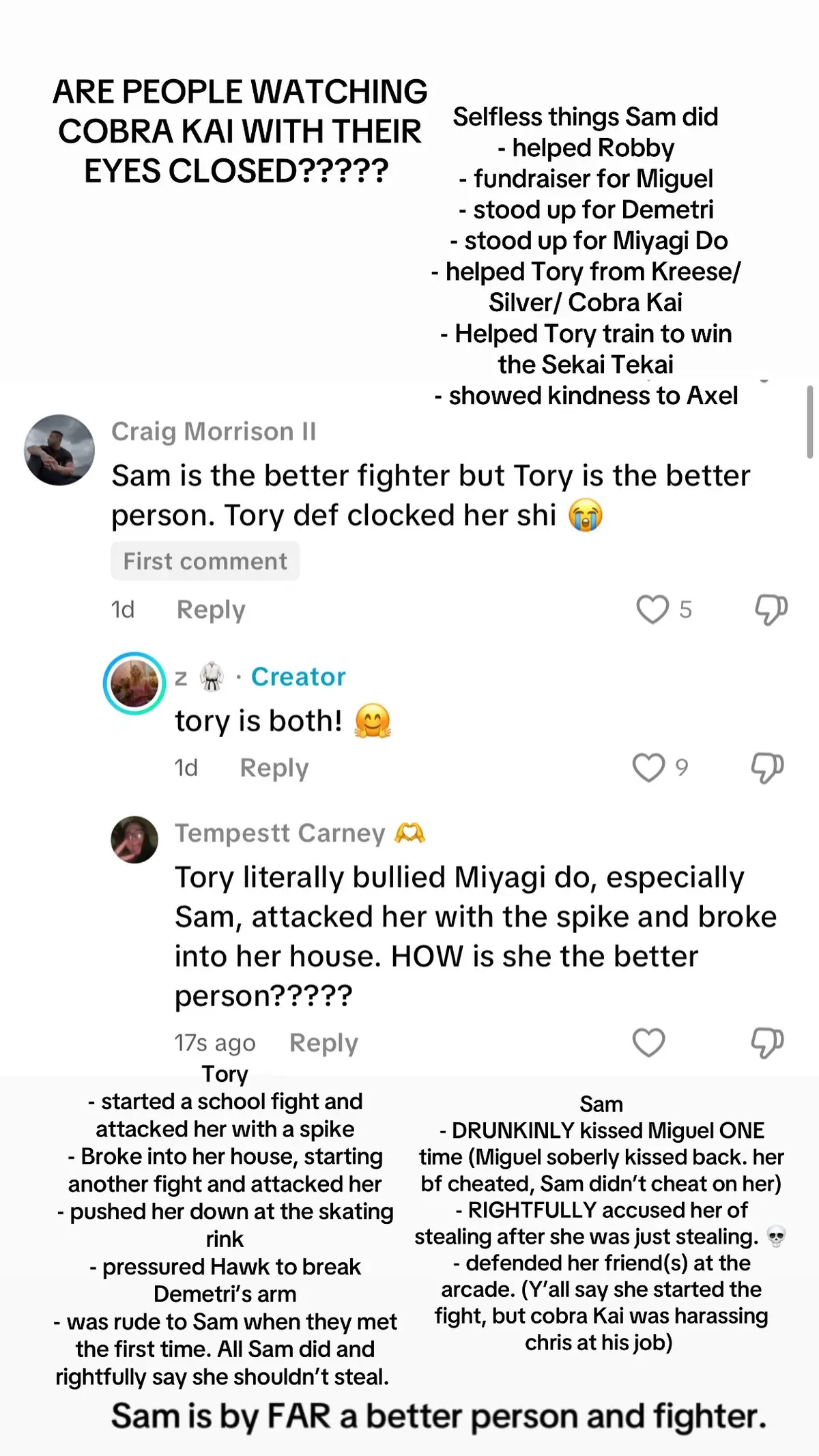 Y’all can like Tory but to say she’s the better person is insane. 💀 and NOTHING she’s gone through is an excuse. #samlarusso #torynichols #cobrakai #marymouser #peytonlist #fight #viral #fyp 