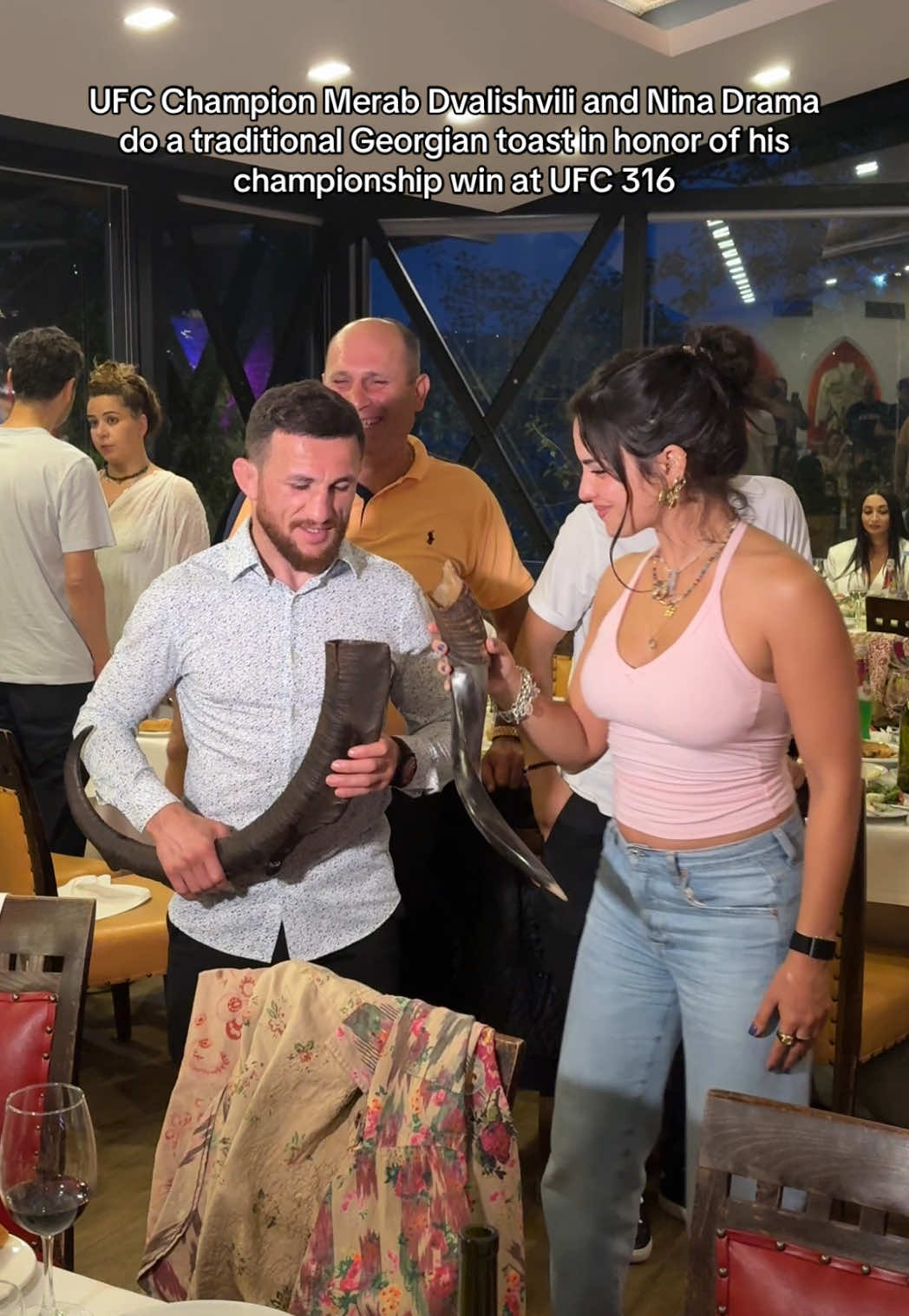 UFC Champion Merab Dvalishvili and Nina Drama do a traditional Georgian toast in honor of his championship win at UFC 316 #UFC #ufc316 #merabdvalishvili #ninadrama #kickboxing #boxing #muaythai #muaythaifighter #muaythaifighter #taekwondo #jiujitsu #brazilianjiujitsu #jiujitsugrappling #jiujitsulifestyle #wrestling #wrestlingtiktok #wrestlingtok #fit #Fitness #grappling #karate #boxing #judo #seanomalley #georgia #georgian #tbilisi 