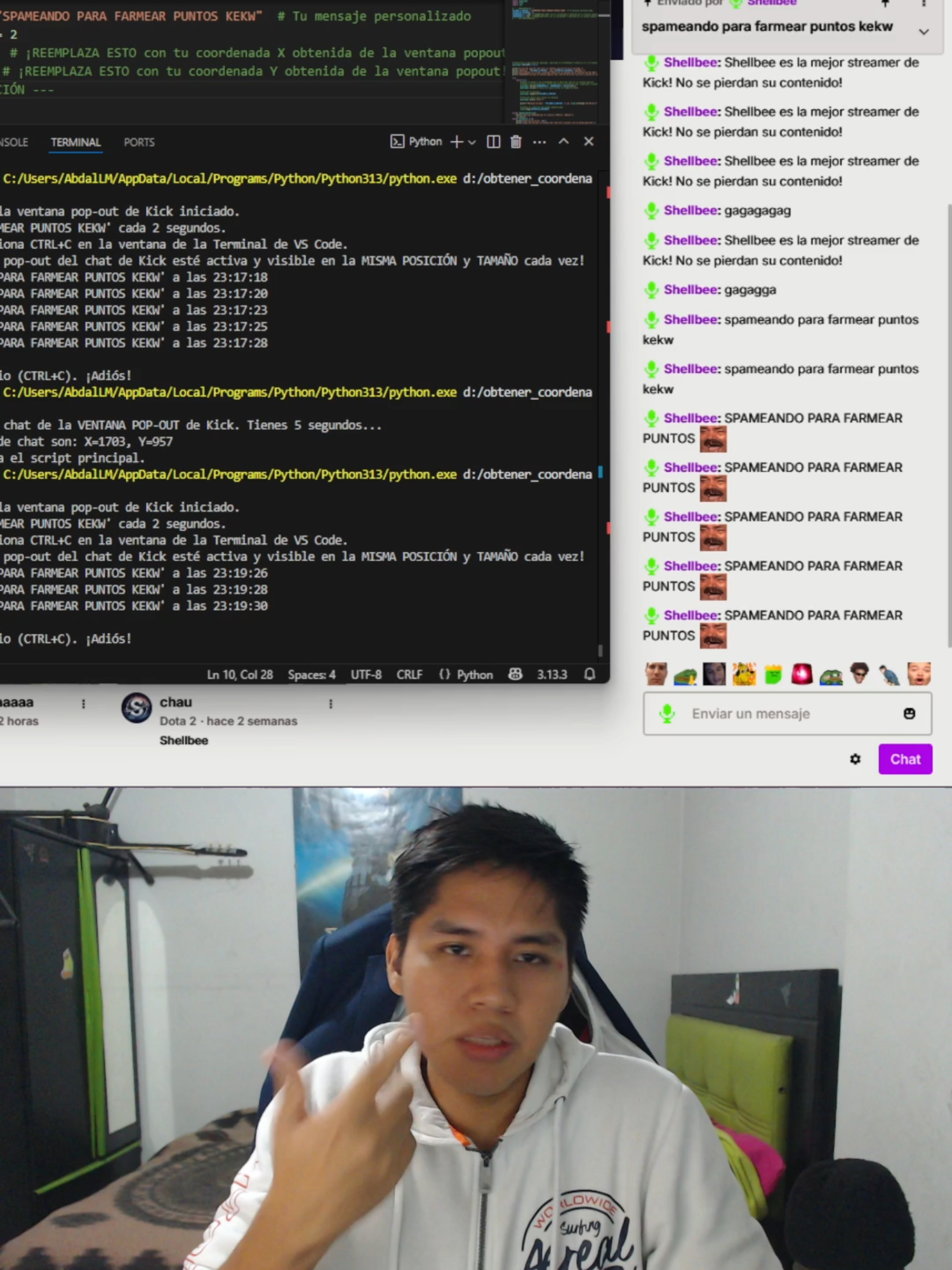 Programa para poder farmear puntos en un stream de Kick !!! | IG: ShellbeeTV #software  #logica  #programacion #csharpprogramming #algoritmos #python #fyp #googleiastudio #ia #softwaredeveloper #bot #kick