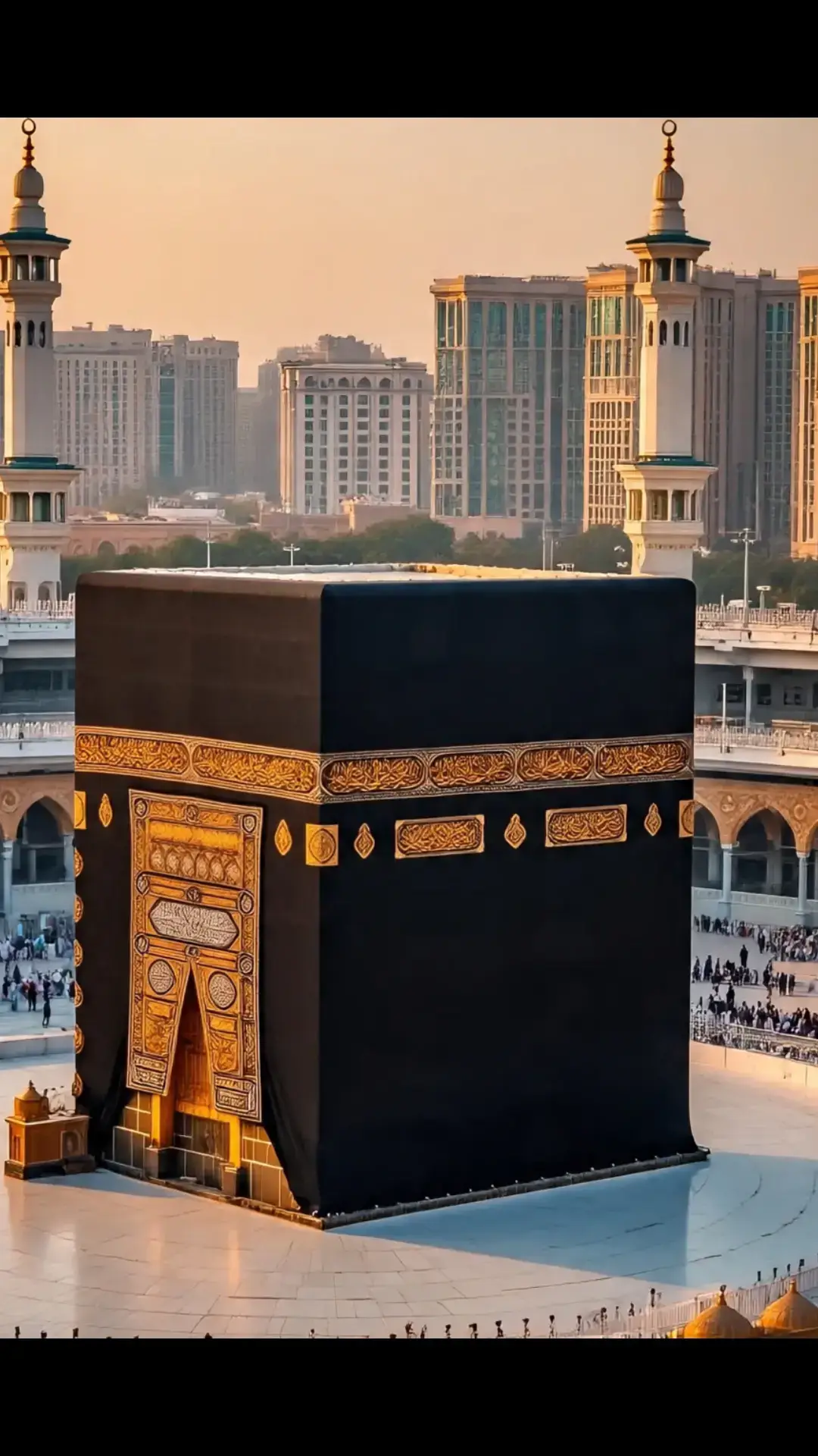 A breathtaking panoramic view of Makkah, capturing the grandeur of the holy city during sunrise, with warm golden light illuminating the majestic architecture of the Grand Mosque, featuring the iconic Cube-shaped Kaaba surrounded by elegantly curved minarets and adorned with intricate Islamic patterns, showcasing the vibrant Islamic calligraphy and geometric patterns on the building's facade, amidst a vast prayer area filled with worshippers from diverse backgrounds, dressed in traditional attire, with the majestic mountain ranges of Jabal al-Noor and Jabal Thur in the background, under a tranquil blue sky with wispy white clouds, with a sense of serenity and spirituality permeating the scene