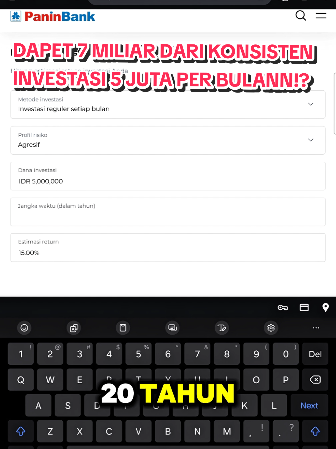 💰 Mulai dari Rp 5 juta per bulan, dengan return 15% per tahun, kamu bisa kumpulin dana pensiun besar dalam 20 tahun! Penasaran berapa totalnya? Yuk hitung bersama! 📈 #DanaPensiun #Investasi #RutinInvestasi 