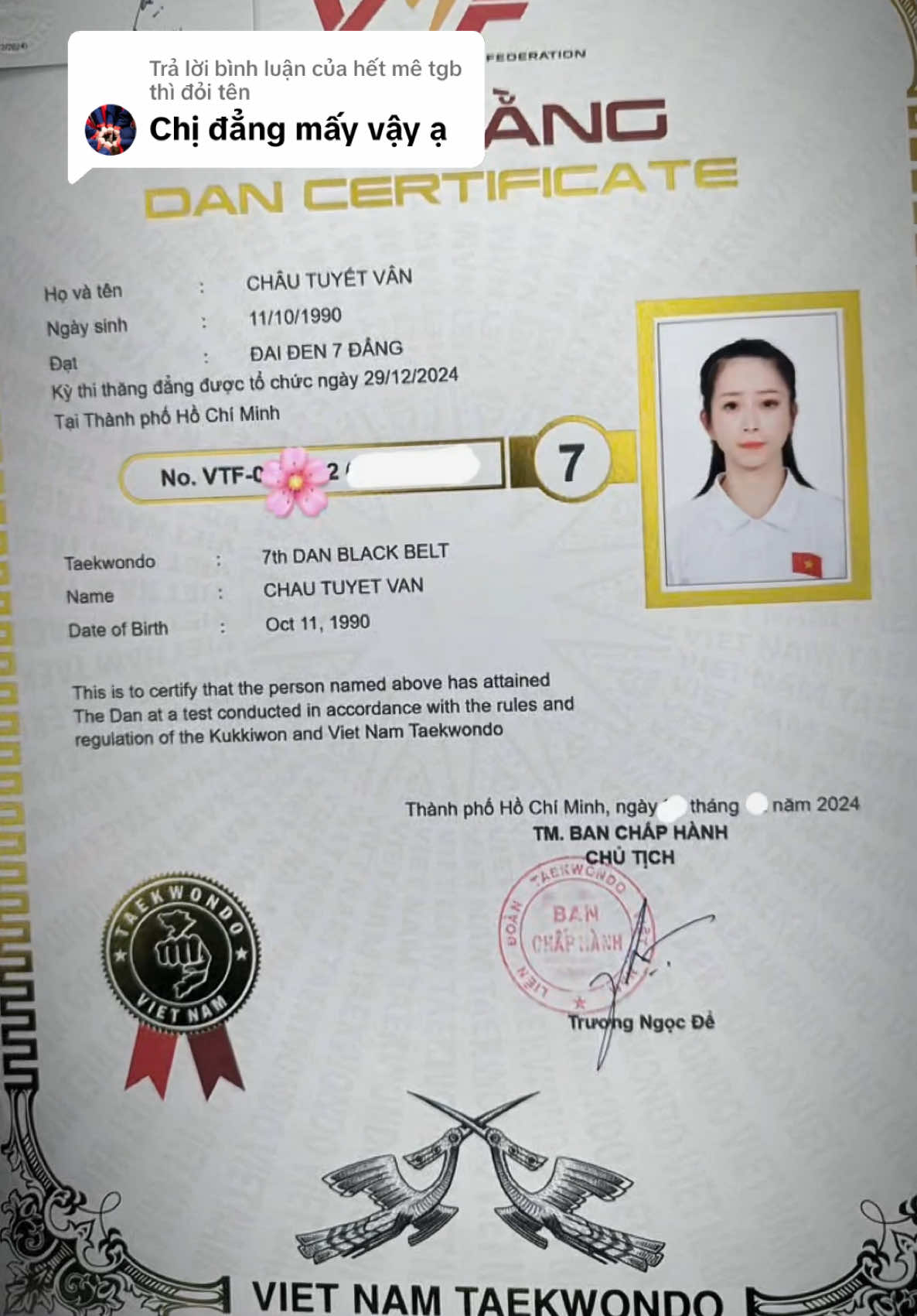 Trả lời @hết mê tgb thì đỏi tên nay Chị lên Đẳng rồi!😁 #chautuyetvan #taekwondo #7dang 