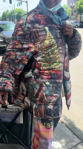 Schon was outside my studio wearing this funky fresh jacket when he caught my eye. He gives food and clothes to the homeless at the Blanchet House — a true hero. #superman #fashion #restyle #AI 