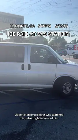 Context: man was getting gas. ice pulled up and he ran. that’s his brown truck with the door open halfway through the video. they did not present a warrant or ask for identification. you see them pull off across the street as other officers who detained him walked him to the van and they pulled off.  This happened right outside my place of work for the day. This is NOT RIGHT. No warrants, no positive identification, just kidnapping people. Unmarked uniforms. Unmarked cars. There’s a construction hat in the front of the vehicle almost like they’re trying to disguise it as a work vehicle.  #losangeles #ice #iceraid #california #elmonte 