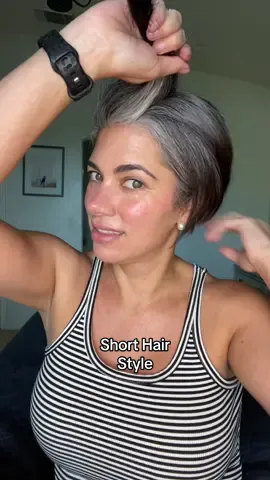 Short hair styles are pretty limited. Here is something simple to try.  #hairtok #shorthair #pixie #bob #shorthairstyles #keepitsimple #greyhair #grayhair #silverhair #silversisters #over40 #womanover40 #fyp 