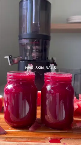 Save this if you want long hair, strong nails, and hydrated skin!  This juice is packed with essential nutrients that directly support hair, skin, and nail health.  🍓🍋The vitamin C from strawberries, lime, and parsley boosts collagen production, vital for maintaining skin elasticity and strengthening nails.  🍉🥕Carrots and watermelon provide beta-carotene (vitamin A), promoting skin cell turnover and a healthy glow, while also supporting scalp health. 🍃Spinach and parsley deliver iron and folate, key for oxygenating hair follicles and reducing hair shedding.  Also, SO many antioxidants which protect cells from oxidative stress reducing sign of aging. • 1 small watermelon (or 1/2 or a large) • 1 cup strawberries  • 1/2 cup raspberries or 1 apple  • 1 large red beet  • 2 large carrots  • 1 handful spinach  • small handful parsley  #juicetok #wellnessjuice #juicingforhealth #healthydrinks #glowjuice #coldpressedjuice #naturalbeautyboost #hairskinnails #glowfromwithin #hairgrowthjourney #healthyskintips #nailcareroutine #thatgirlroutine #cleangirlaesthetic #whatieatinaday #healthyhabits #fyp #trending #viral 