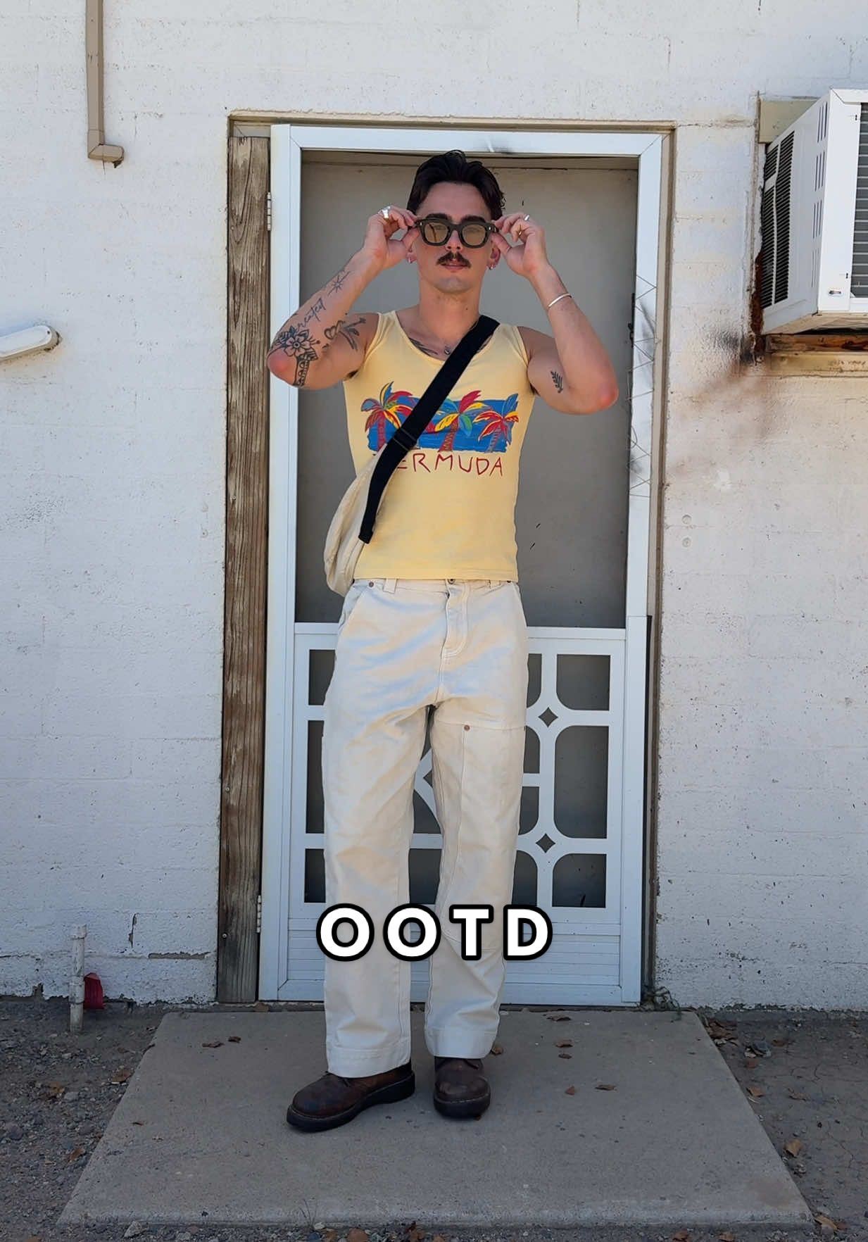 this tank top is so very summer ☀️ #SummerFashion #fashion #fashioninspo #outfitinspo #summerlooks #vintagefashion #thriftedfashion #easyoutfits #mensfashion #tanktop #easysummeroutfits #docmartens #jimmyguash @Dr. Martens @AKILA Eyewear @BAGGU @Elwood 