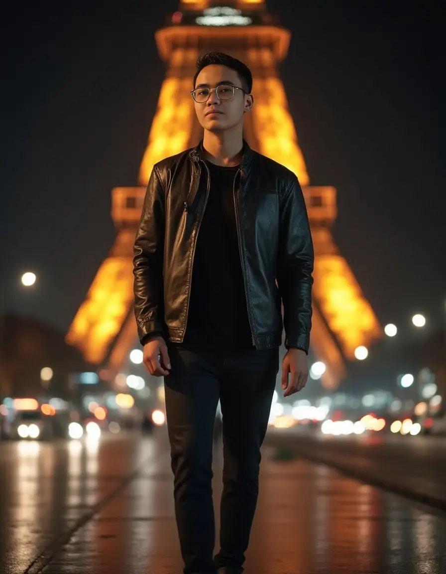 A stylish man walking confidently at night in front of the illuminated Eiffel Tower in Paris. He is wearing a black leather jacket, black shirt, black jeans, and dark shoes. The city lights and the iconic structure create a cinematic and romantic atmosphere. Street reflections and blurred lights enhance the moody night-time vibe. #ai #photolab #outfit #style #paris #france #eiffeltower #night 