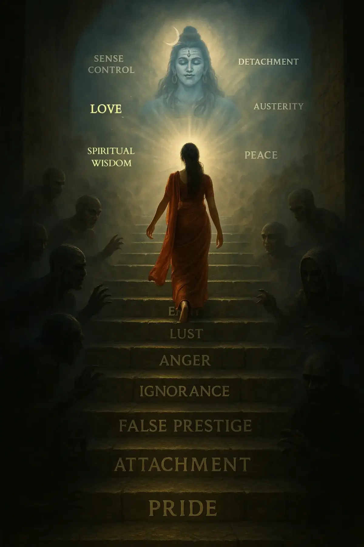 We walk through shadows of pride, lust, and anger—each step a battle, each breath a prayer. Guided by God's grace, we rise into light, leaving our darkness behind.