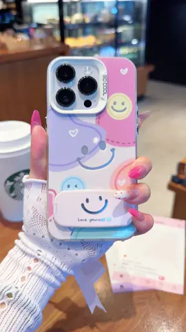 Kasing ponsel wajah tersenyum pribadi berwarna ungu Dopamin, matte feel anti-drop dan non-slip, dengan braket cermin riasan wajah tersenyum yang sama, cocok untuk berbagai model ponsel ~#ins #case #smile