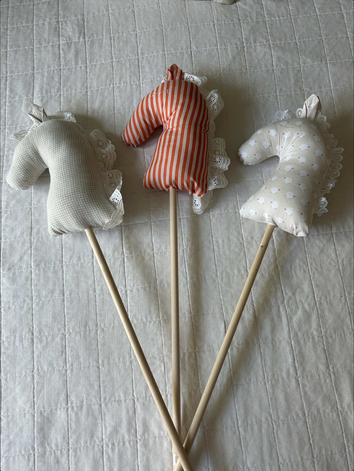 They are lumpy and imperfect, but I love them 🐴  #sewing #sewingtiktok #horsesticks #princessbirthdayparty 